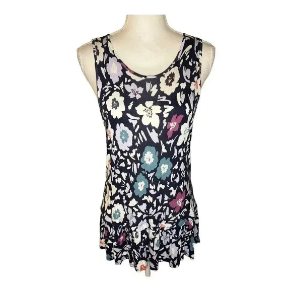 Ann Taylor LOFT Women’s Medium Black‎ Multi Floral Ruffled Hem Sleeveless Top - Picture 1 of 4